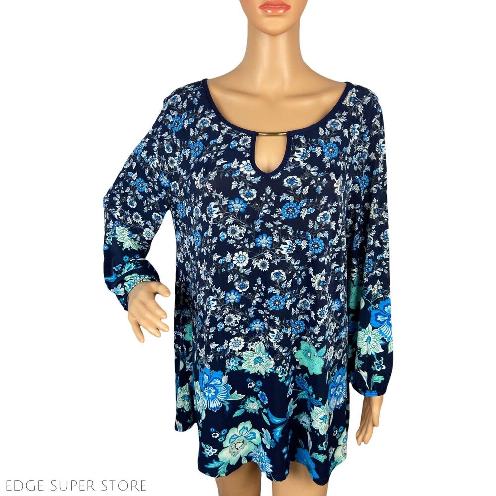 Modern Attraction Dark Blue Floral Print Long Sleeve Keyhole Blouse Top Size XL